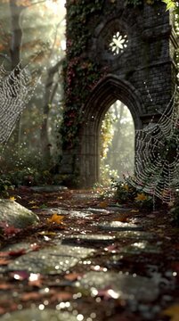 Ancient stone archway ruins in forest covered with ivy and spiderwebs in dappled sunlight