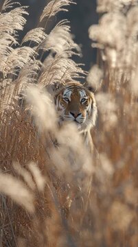 Wild majestic tiger hiding in tall dry grass field watching camera with intense predator gaze