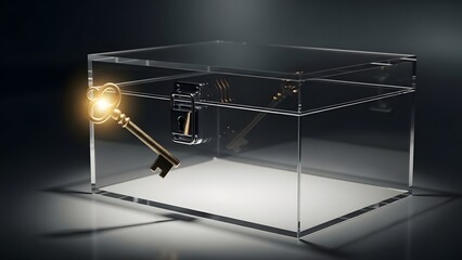 Glowing golden key near a locked transparent acrylic box, symbolizing a solution, opportunity, or the concept of problem-solving and access