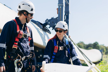 Professional wind turbine engineers preparing and inspecting equipment for installation and maintenance at a renewable energy site, teamwork, clean power, and sustainable technology.