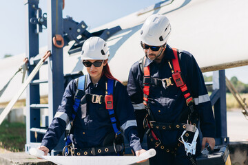 Professional wind turbine engineers preparing and inspecting equipment for installation and maintenance at a renewable energy site, teamwork, clean power, and sustainable technology.