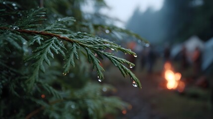 Dewy evergreen branches in focus with a blurred background of a campfire tents and people camping in a misty forest at dusk