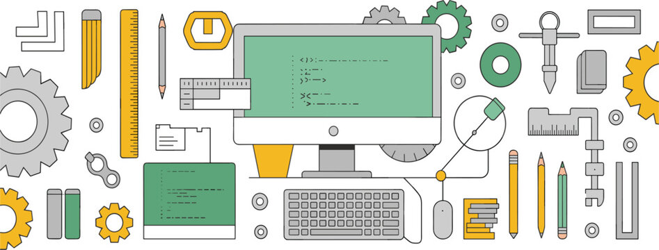 Modern programmer workspace vector illustration, flat design web development concept with computer monitor showing code and engineering tools