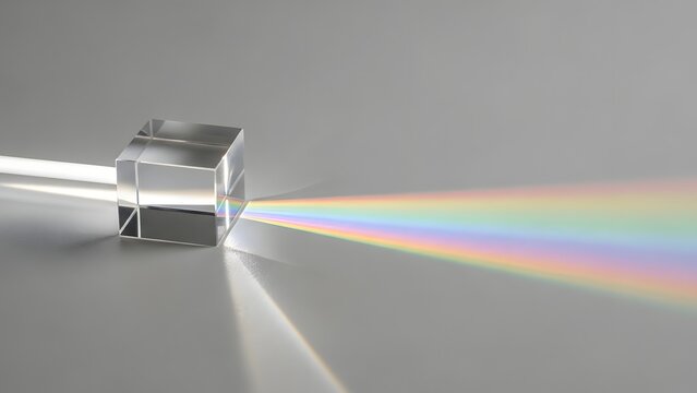 Glass cube prism dispersing white light beam into a colorful rainbow spectrum through refraction on white background