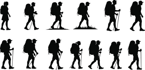 Obraz premium Set of Twelve Silhouette Hikers with Backpacks and Trekking Poles Walking in Different Poses Vector Illustration
