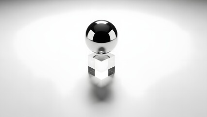 Reflective chrome sphere resting on a transparent glass cube, creating a sleek and balanced minimalist abstract composition with subtle shadows on a bright white background