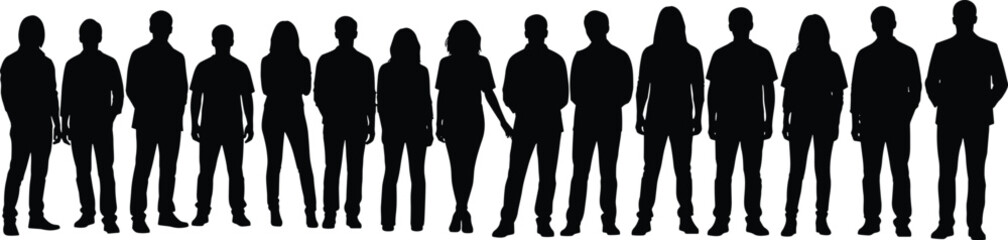 Large group of men and women standing in a long row, black silhouettes isolated on white background, flat vector illustration.