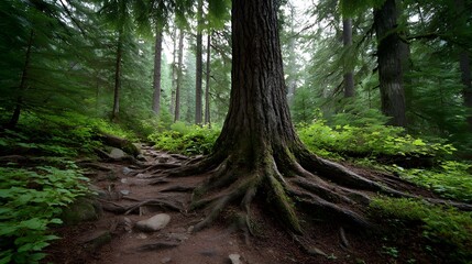 A winding forest trail emerges from the dense green foliage showcasing the exposed ancient roots of a majestic tree