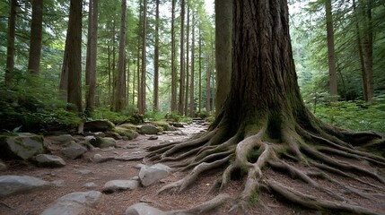 A forest trail winding past the massive gnarled roots of an ancient tree