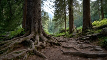 Obraz premium A scenic forest path is highlighted by ancient gnarled tree roots and vibrant green vegetation under soft d d sunlight