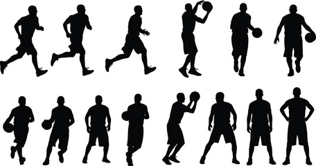 Set of vector black basketball player silhouettes in various action poses like running, shooting, dribbling, and standing on white background © Mim