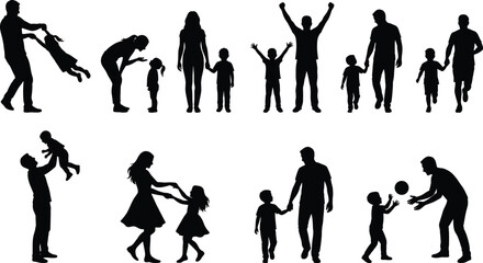 Obraz premium Collection of Happy Family Silhouettes Featuring Parents and Children Playing Dancing Walking and Bonding Together in Various Active Outdoor Lifestyle Poses