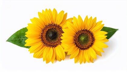 Fototapeta premium Two vibrant yellow flowers with dark centers and green leaves, against a stark white backdrop