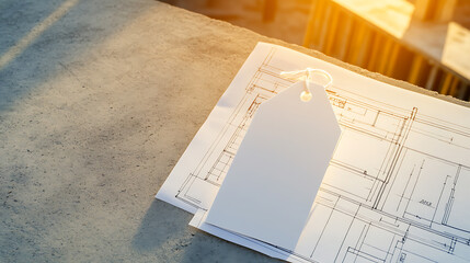 A blank white tag rests on architectural plans bathed in warm sunlight, symbolizing new beginnings. The blueprints suggest a project in development.