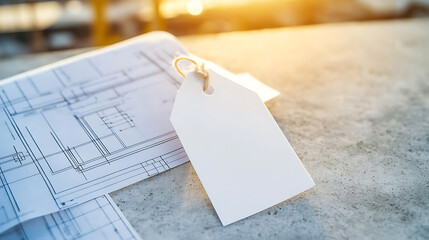 Drafting a blueprint: a blank price tag sits atop a set of detailed architectural plans, bathed in sunlight, ready for project specification details, highlighting project costs