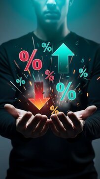A man holds glowing percentage signs and arrows in his cupped hands symbolizing financial growth and market fluctuations