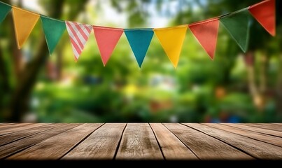 Empty wooden table with blurred festive flags in garden for product display