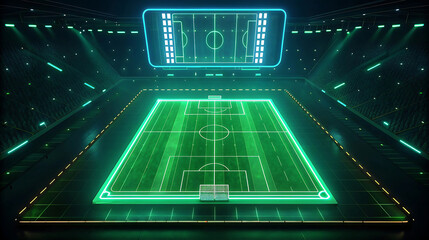 Neon green digital soccer stadium with holographic display