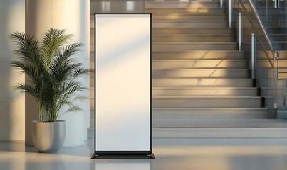 Modern office lobby with blank banner stand for advertising and promotion use