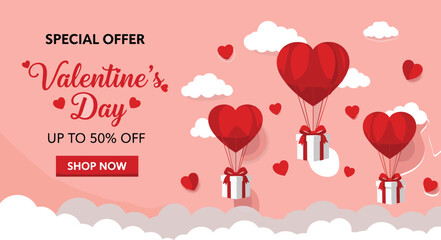 Valentine's Day special offer sale banner with heart shaped hot air balloons carrying gift boxes over clouds on pink background.