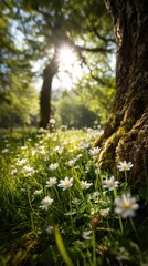 Small white flowers blooming in a forest glade under warm sunlight
