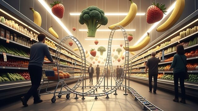 People shopping in a grocery store.