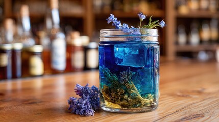 Refreshing blue cocktail with ice and floral garnish rests on a wooden bar.