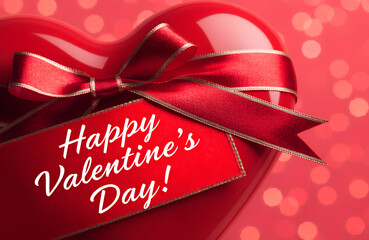 A shiny red heart gift box decorated with a ribbon and a 'happy valentine's day' message