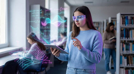 Female student exploring advanced mathematics with digital tools