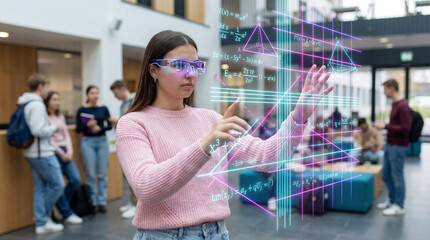 Female student interacting with advanced mathematical visualization