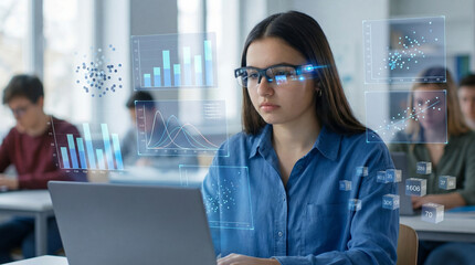 Teen student analyzing data on a laptop in a classroom