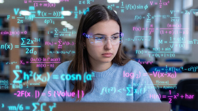 Young woman concentrating on complex mathematics in a digital classroom
