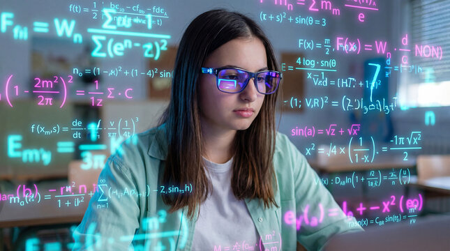 Young woman focused on advanced mathematics through digital learning