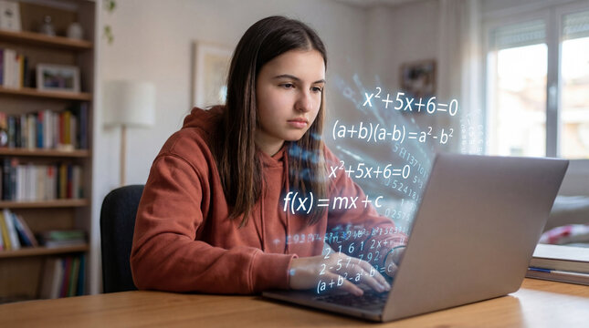 Student solving mathematics problems on a laptop at home