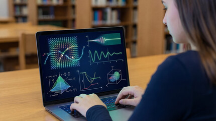 Teen girl reviewing physics graphs on laptop