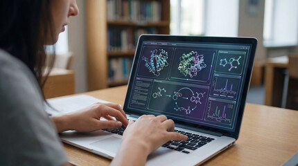 Teenage student analyzing molecular structures on laptop screen