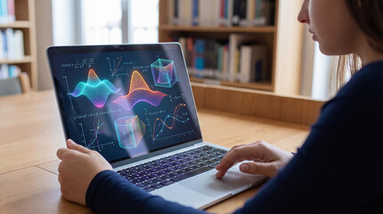 Teen girl studying math graphs on laptop in library