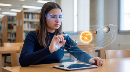 Female student exploring the solar system with hologram display