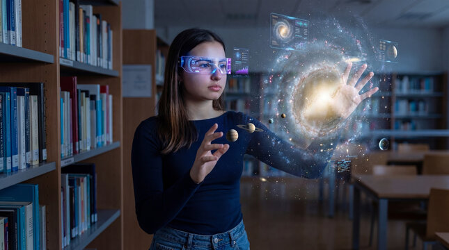 Teenage girl interacting with holographic galaxy and planets in library