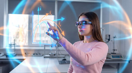 Teenager analyzing motion forces using augmented reality glasses