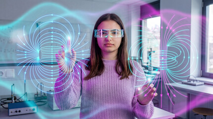 Teenage student studying magnetic fields through augmented reality