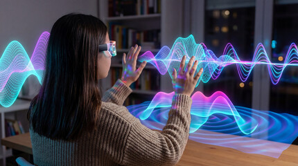 Teenage student using augmented reality to explore digital waves