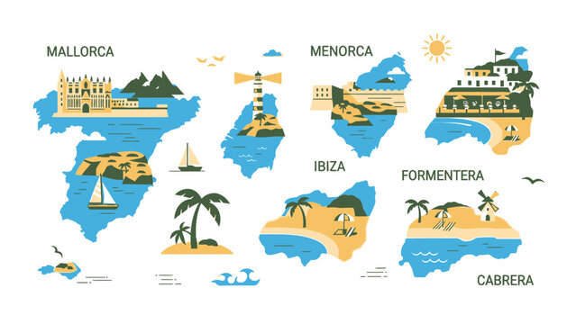 Title: Map of the Balearic Islands featuring Mallorca, Menorca, Ibiza, Formentera, and Cabrera