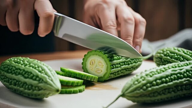 Fresh bitter gourd vegetable being sliced on a cutting board for cooking, healthy ingredient