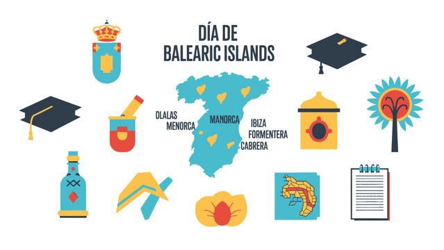 Colorful of Balearic Islands with symbols and map education