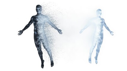 Dual human figures with dissolving effect against a white background
