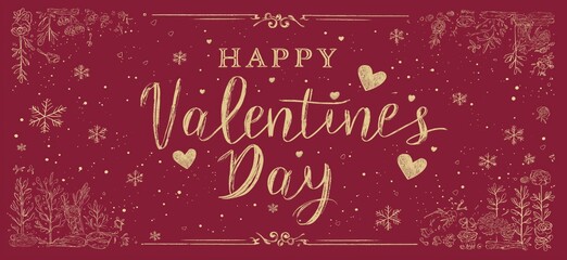 Happy Valentine's Day gold glitter greeting with floral ornament. Gold happy Valentine's Day text on a red background with decorative floral elements