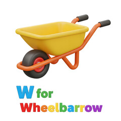 Stylized 3D icon of a yellow wheelbarrow with orange handles and black wheel, perfect for gardening or construction.