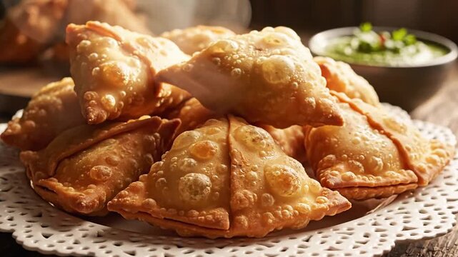 Close up of golden fried pastries on a decorative plate with green condiment food