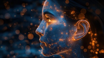 Conceptual Portrait of a Person with Glowing Binary Code Highlights on Ear Illustrating Digital Surveillance Eavesdropping and Violation of Human Rights to Privacy